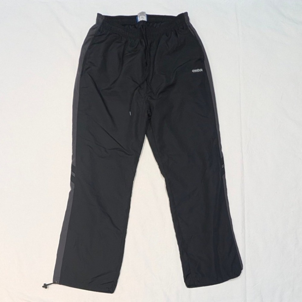 Reebok Mens Track Pants Black Grey Stripe XL Athletic Wind Pants